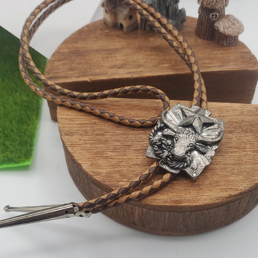 Brown Braided Lariat Bolo Tie Neckace with Silver Bull Pendant 34 Inch N3813